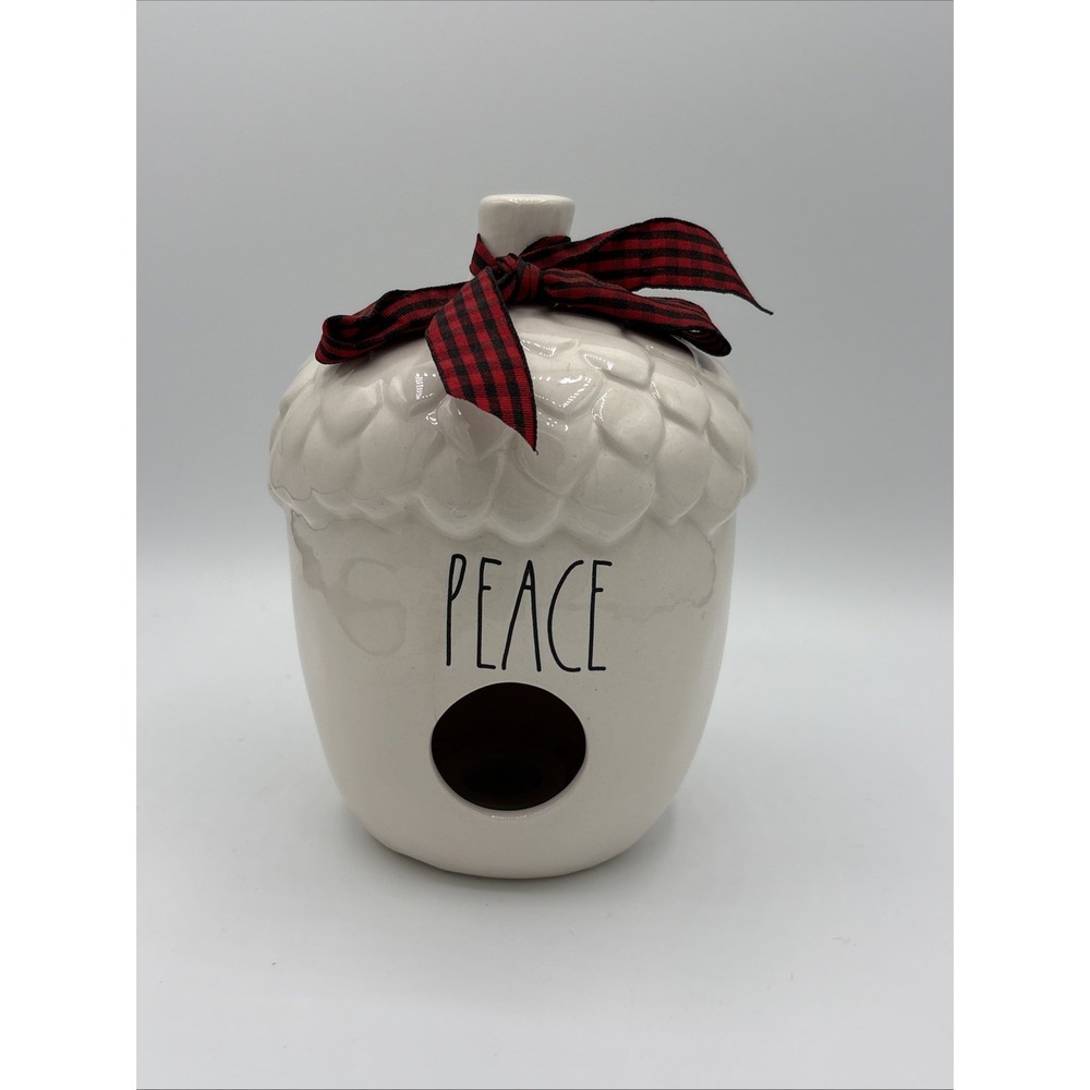 Rae Dunn PEACE Acorn Ceramic Birdhouse Artisan Collection Buffalo Plaid Ribbon